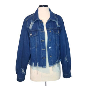 Womens Shein Denim Blue Jean Jacket Cut Off Raw Hem Cropped Curve Size 2XL